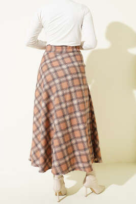 Ekose Desenli Bel Fermuarlı Etek Camel - Etek