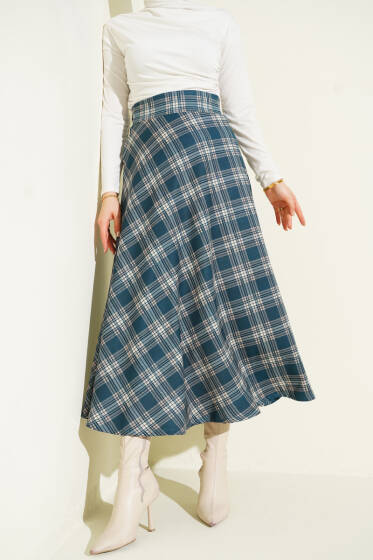 Ekose Desenli Bel Fermuarlı Etek İndigo - Etek