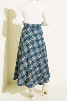 Ekose Desenli Bel Fermuarlı Etek İndigo - Etek