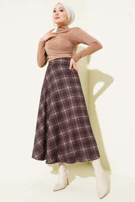 Ekose Desenli Bel Fermuarlı Etek Kahve - Etek