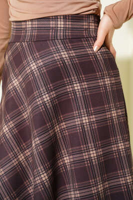 Ekose Desenli Bel Fermuarlı Etek Kahve - Etek