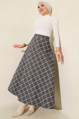 Ekose Desenli Çan Etek Füme - Etek