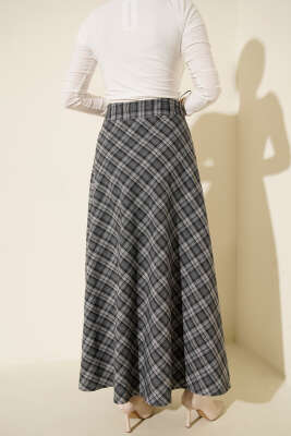 Ekose Desenli Çan Etek Füme - Etek