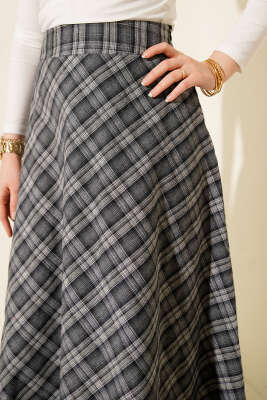 Ekose Desenli Çan Etek Füme - Etek