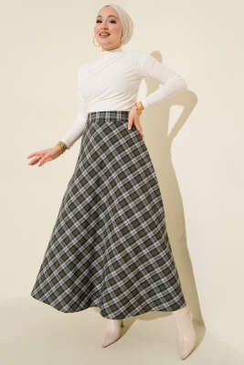 Ekose Desenli Çan Etek Haki - Etek