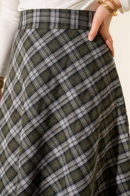 Ekose Desenli Çan Etek Haki - Etek