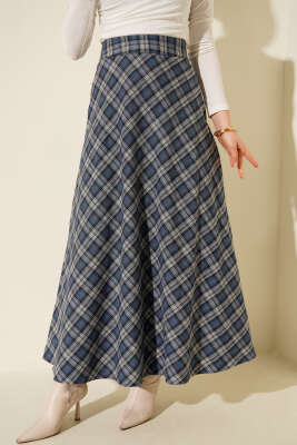 Ekose Desenli Çan Etek İndigo - ELİVA