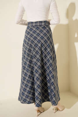 Ekose Desenli Çan Etek İndigo - Etek