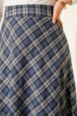 Ekose Desenli Çan Etek İndigo - Etek