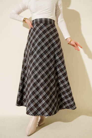 Ekose Desenli Çan Etek Kahve - Etek