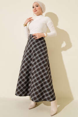 Ekose Desenli Çan Etek Kahve - Etek