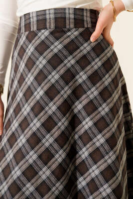 Ekose Desenli Çan Etek Kahve - Etek