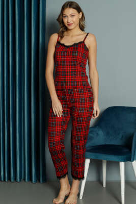 Ekose Desenli Dantelli İp Askılı Pijama Takımı Kırmızı - Kadın Pijama Takımı
