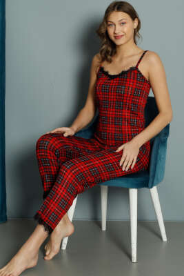 Ekose Desenli Dantelli İp Askılı Pijama Takımı Kırmızı