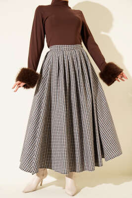 Ekose Desenli Düğmeli Kloş Etek Bej - TİLLE