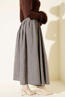 Ekose Desenli Düğmeli Kloş Etek Bej - Etek