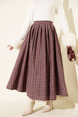 Ekose Desenli Düğmeli Kloş Etek Bordo - TİLLE