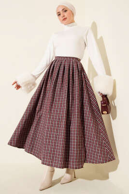 Ekose Desenli Düğmeli Kloş Etek Bordo - Etek
