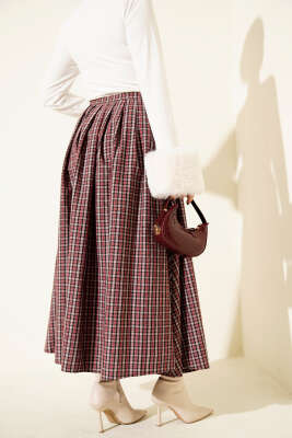 Ekose Desenli Düğmeli Kloş Etek Bordo - Etek