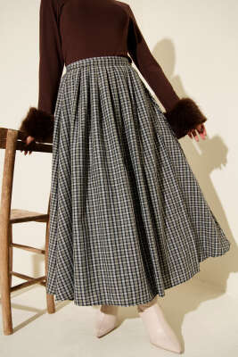 Ekose Desenli Düğmeli Kloş Etek Haki - TİLLE