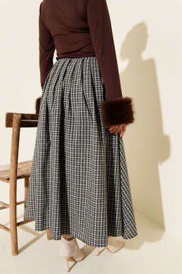 Ekose Desenli Düğmeli Kloş Etek Haki - Etek