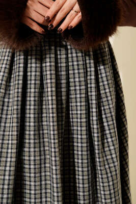 Ekose Desenli Düğmeli Kloş Etek Haki - Etek