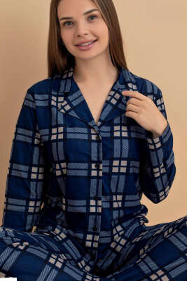 Ekose Desenli Düğmeli Süet Pijama Takımı Lacivert - Pijama
