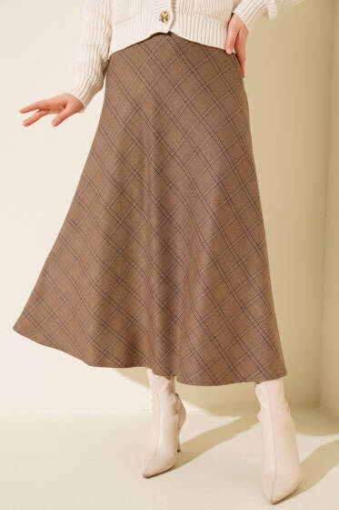 Ekose Desenli Etek Vizon - Etek