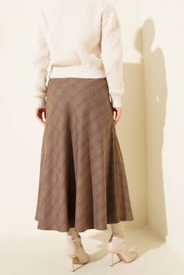 Ekose Desenli Etek Vizon - Etek