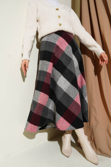 Ekose Desenli Fermuarlı Kaşe Etek Antrasit - Etek