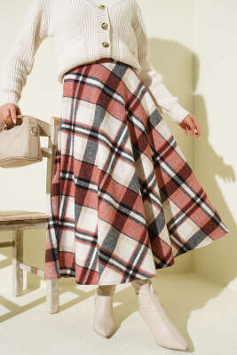 Ekose Desenli Fermuarlı Kaşe Etek Bej - CNR TEKSTİL