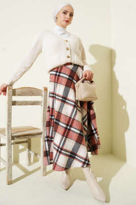 Ekose Desenli Fermuarlı Kaşe Etek Bej - Etek