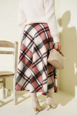 Ekose Desenli Fermuarlı Kaşe Etek Bej - Etek