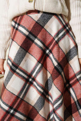 Ekose Desenli Fermuarlı Kaşe Etek Bej - Etek