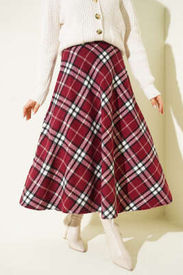 Ekose Desenli Fermuarlı Kaşe Etek Bordo - CNR TEKSTİL