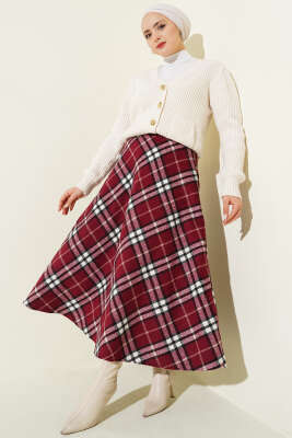 Ekose Desenli Fermuarlı Kaşe Etek Bordo - Etek
