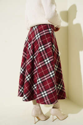 Ekose Desenli Fermuarlı Kaşe Etek Bordo - Etek