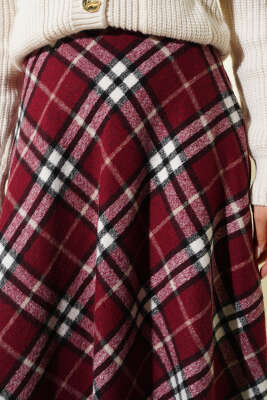 Ekose Desenli Fermuarlı Kaşe Etek Bordo - Etek