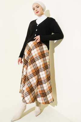 Ekose Desenli Fermuarlı Kaşe Etek Camel - Etek