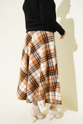 Ekose Desenli Fermuarlı Kaşe Etek Camel - Etek