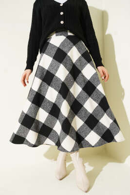 Ekose Desenli Fermuarlı Kaşe Etek Siyah - CNR TEKSTİL