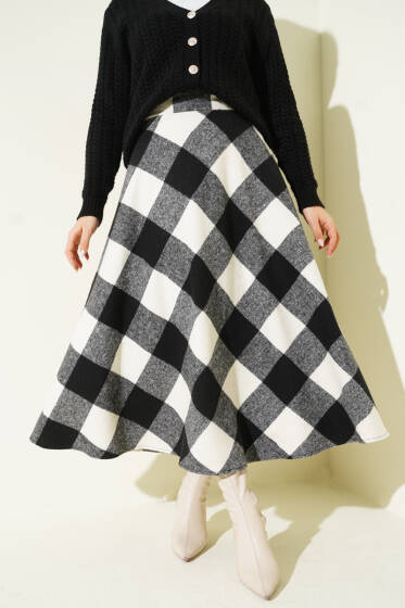 Ekose Desenli Fermuarlı Kaşe Etek Siyah - Etek