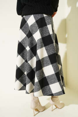 Ekose Desenli Fermuarlı Kaşe Etek Siyah - Etek