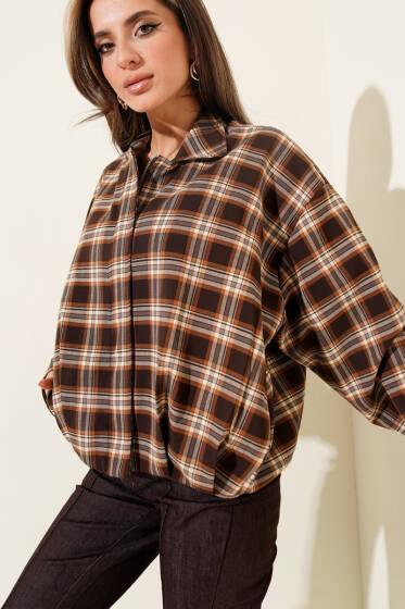 Ekose Desenli Fermuarlı Kısa Ceket Kahve - Kadın Giyim Modelleri