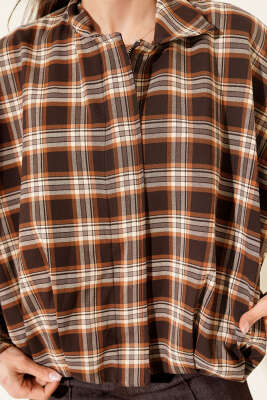 Ekose Desenli Fermuarlı Kısa Ceket Kahve - Kadın Giyim Modelleri