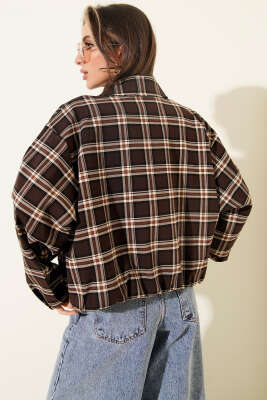 Ekose Desenli Fermuarlı Kısa Ceket Kestane - Kadın Giyim Modelleri