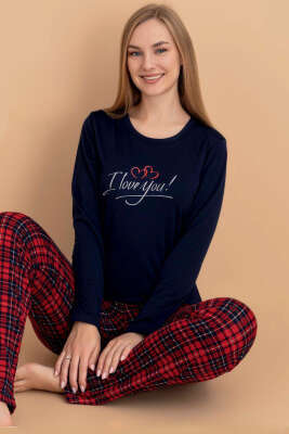 Ekose Desenli I Love You Pijama Takımı Lacivert - Pijama