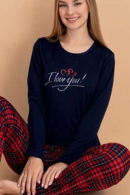 Ekose Desenli I Love You Pijama Takımı Lacivert - Pijama