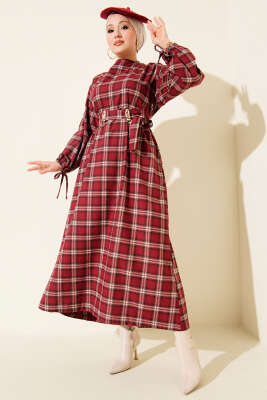 Ekose Desenli Kemerli Elbise Bordo - DUFON