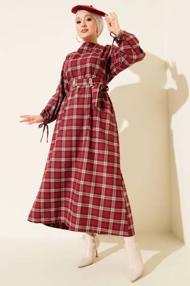 Ekose Desenli Kemerli Elbise Bordo - Elbise